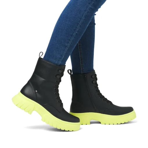 Rieker Damen Schnürstiefel mattschwarz-neongrün